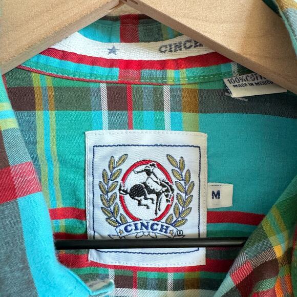 Cinch Red Blue Green Plaid Western Button Down Long Sleeve Shirt Men’s Medium - Picture 6 of 7
